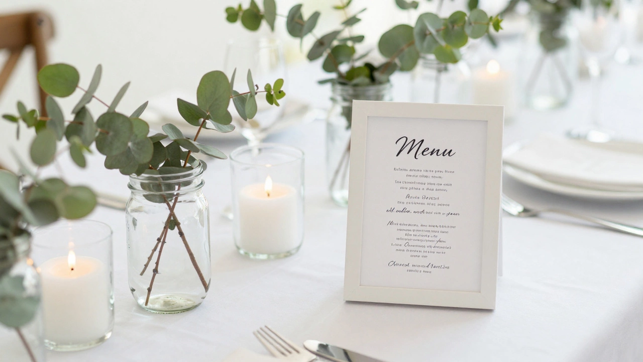 Elegant wedding table centerpieces with eucalyptus in Mason jars and a framed menu.