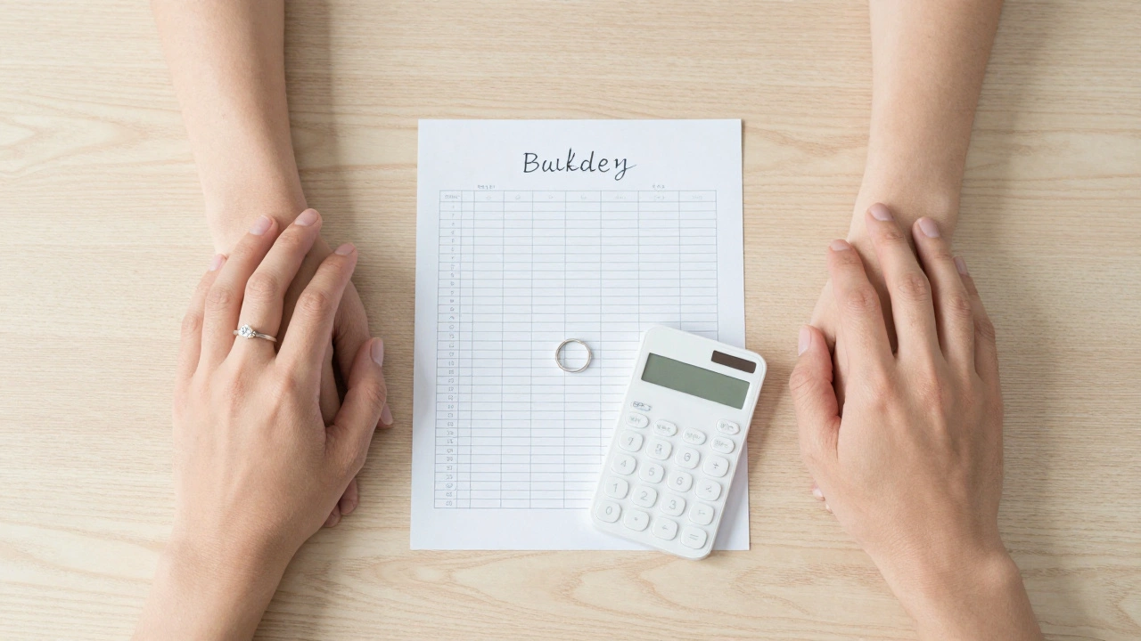 Hands of a couple next to an engagement ring and a budget plan on a wooden table.