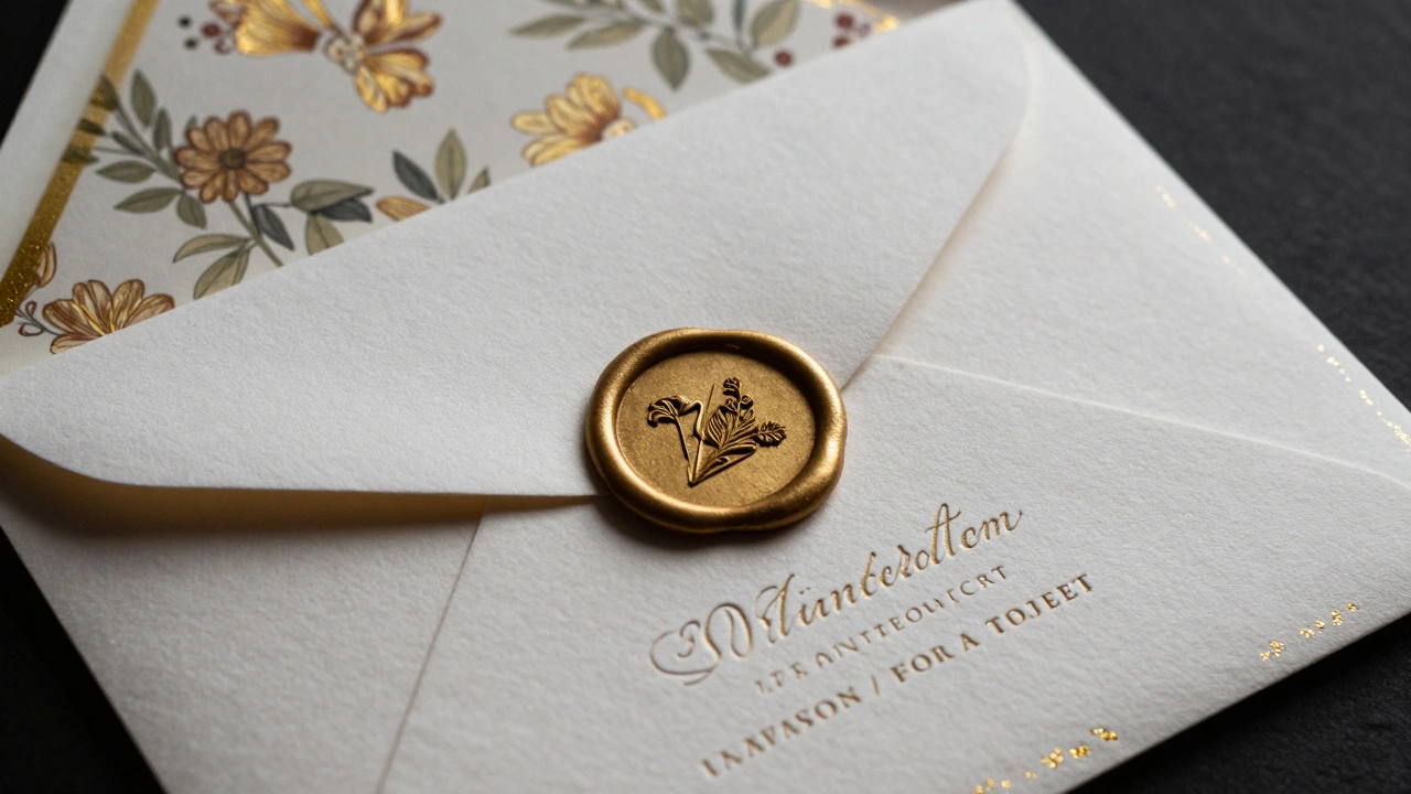 Luxury letterpress wedding invitation with gold foil accents and a gold wax seal