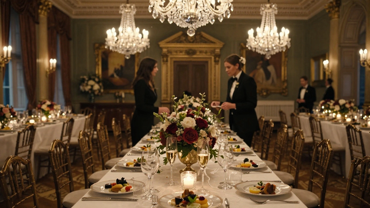 Luxury wedding reception in a grand estate with elegant table settings and champagne.