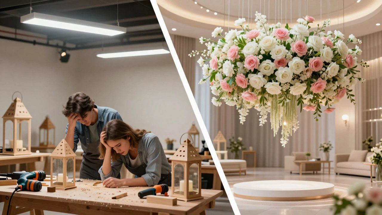 Split screen showing DIY workshop chaos versus a professional hanging flower installation.
