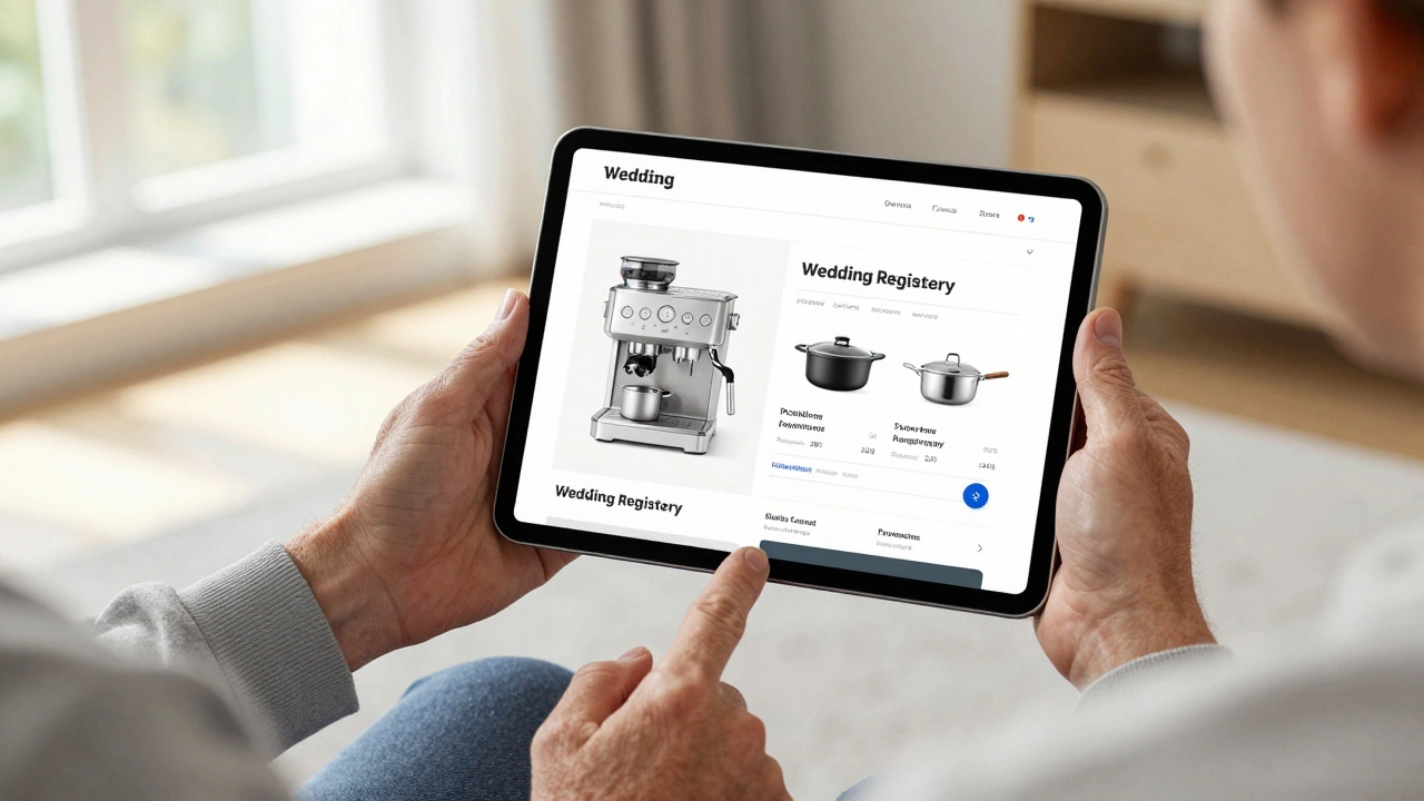 Two people looking at a wedding registry for high-end appliances on a tablet screen.