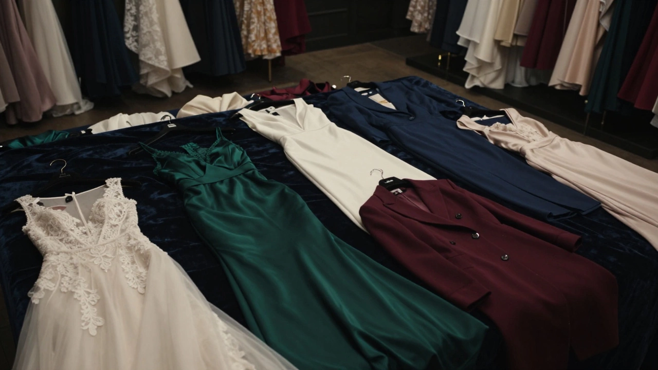 Various colorful formal dresses and suits laid out on velvet, excluding white clothing