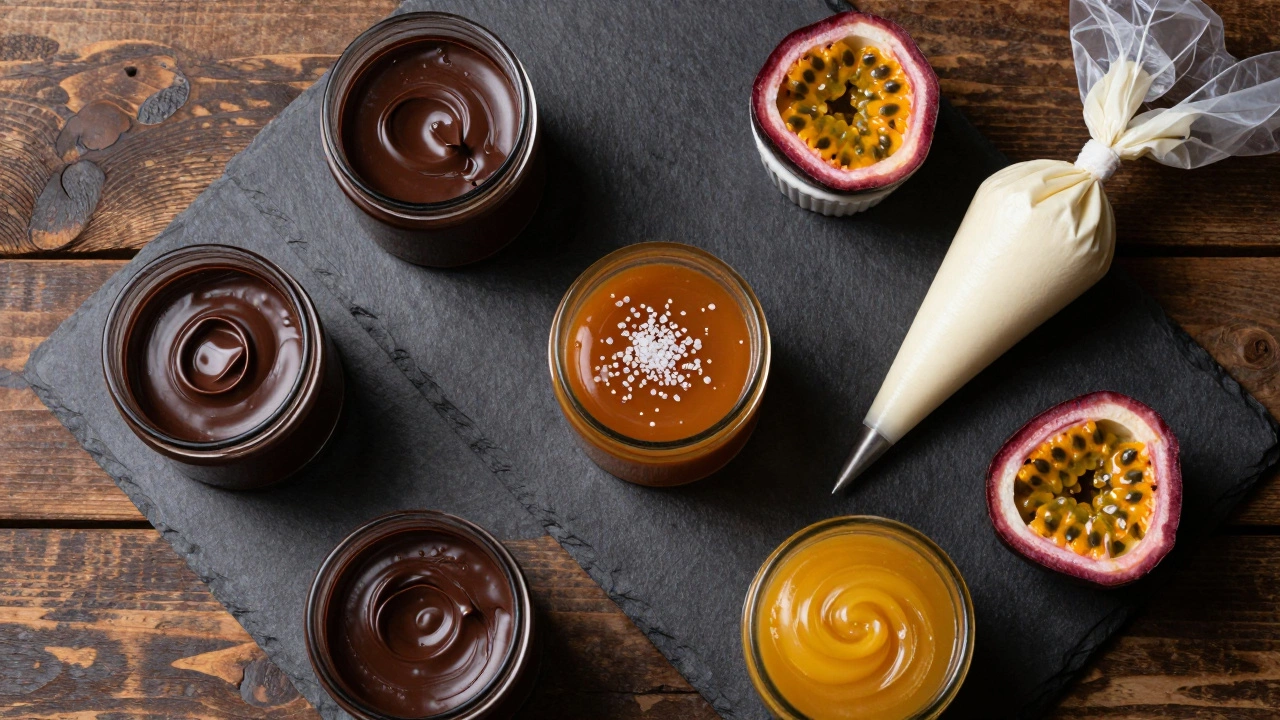 Assorted luxury cake fillings like ganache and caramel in jars
