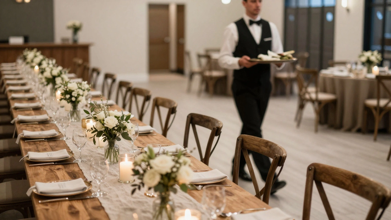 Close-up of mixed seating styles with a server walking through a wide aisle.