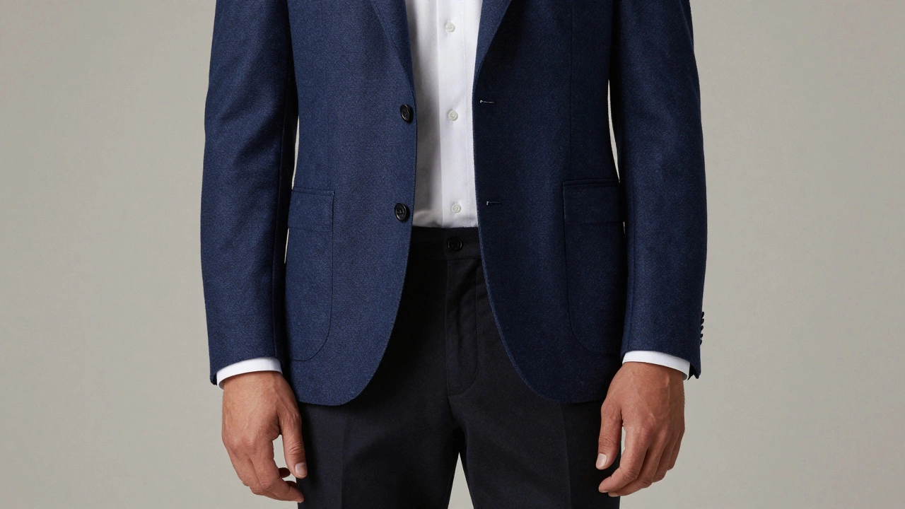 Close-up of professional navy blazer and textured shirt outfit