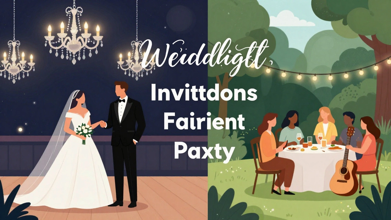 Conceptual art contrasting formal and casual wedding invitation styles.