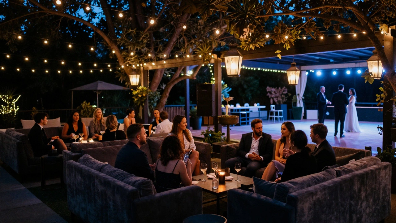 Cozy lounge area with string lights where wedding guests relax