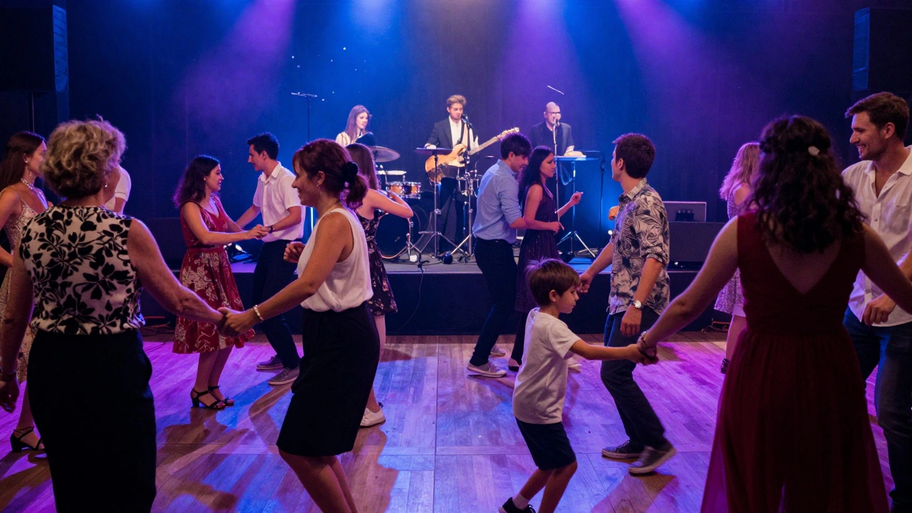 Diverse guests dancing energetically under colorful lights at a wedding