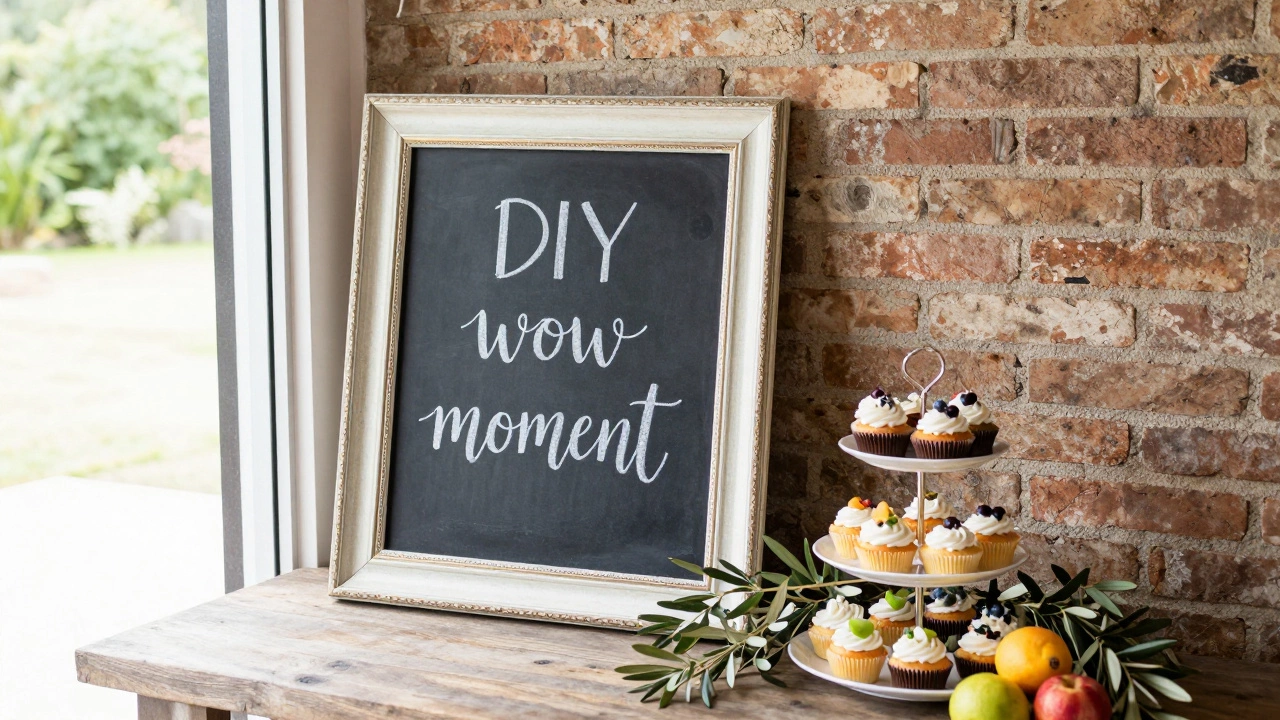 DIY wedding welcome area with mirror backdrop, chalkboard sign, and dessert display.