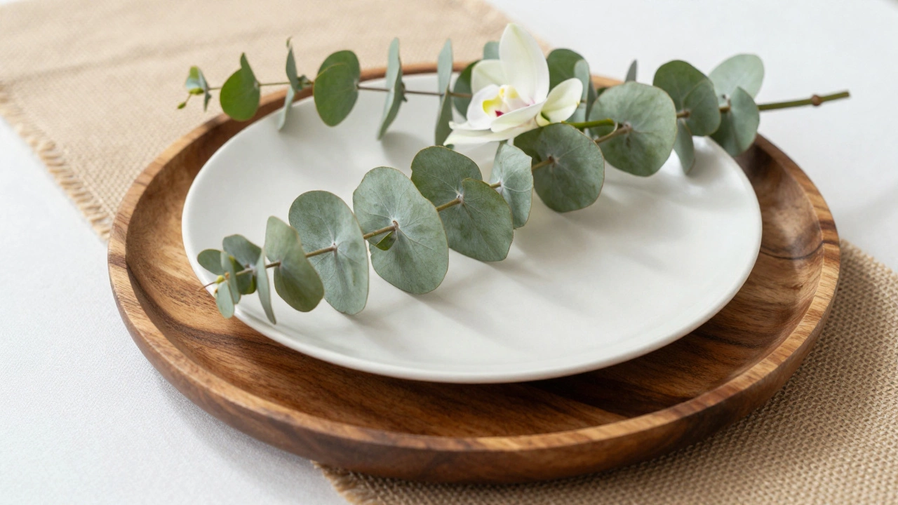 Elegant budget table setting with wooden chargers, burlap runner, and greenery centerpiece.