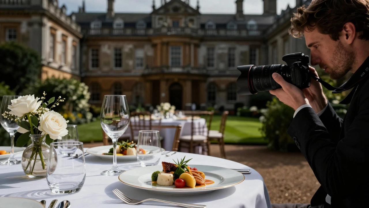 Elegant catering, grand venue, and camera lens representing top costs