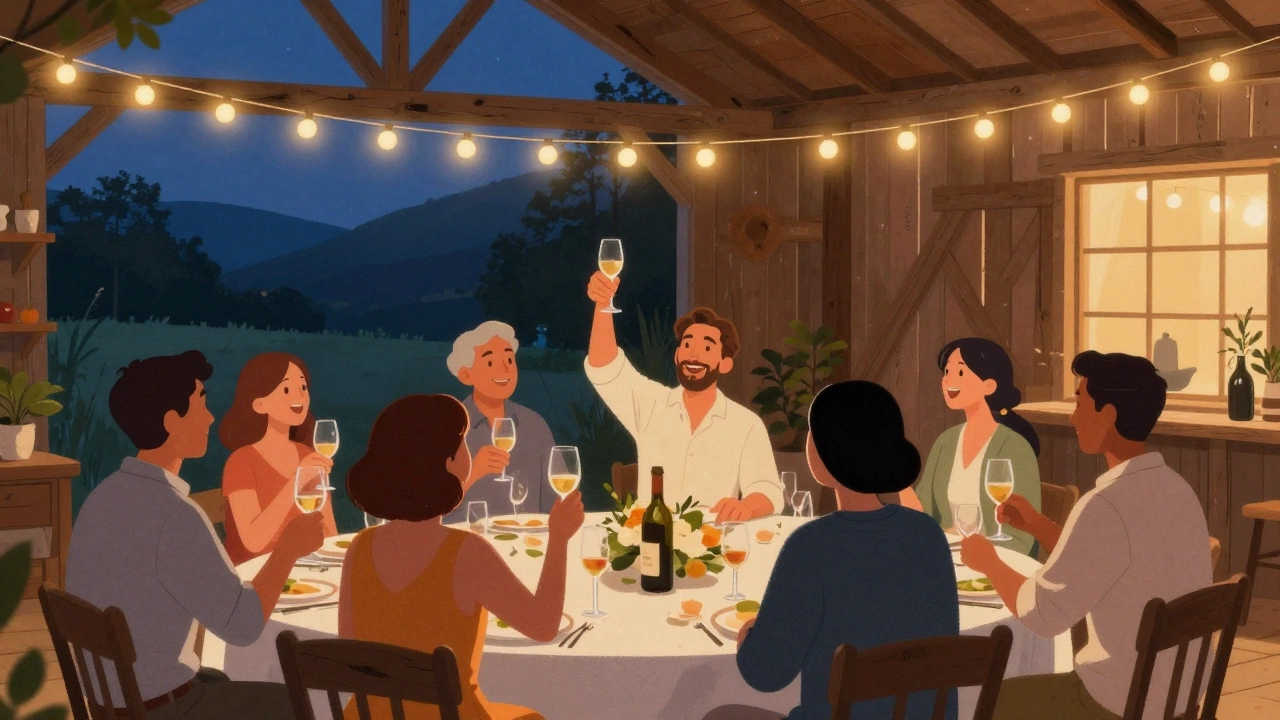 Father giving toast at a warm, string-lit rehearsal dinner