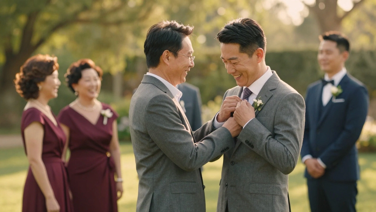 Father of groom in gray suit preparing for wedding photo with family.