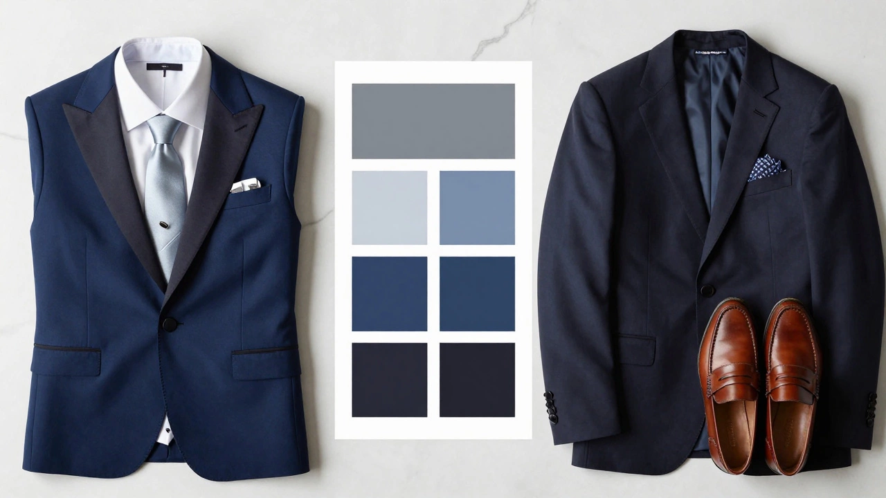Flat lay of groom and father suits showing complementary color coordination.