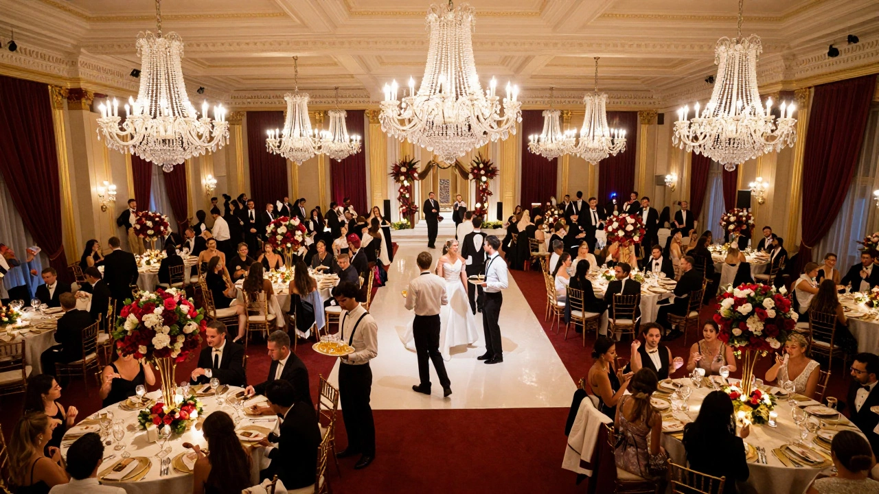 Grand wedding reception hall with hundreds of guests dancing