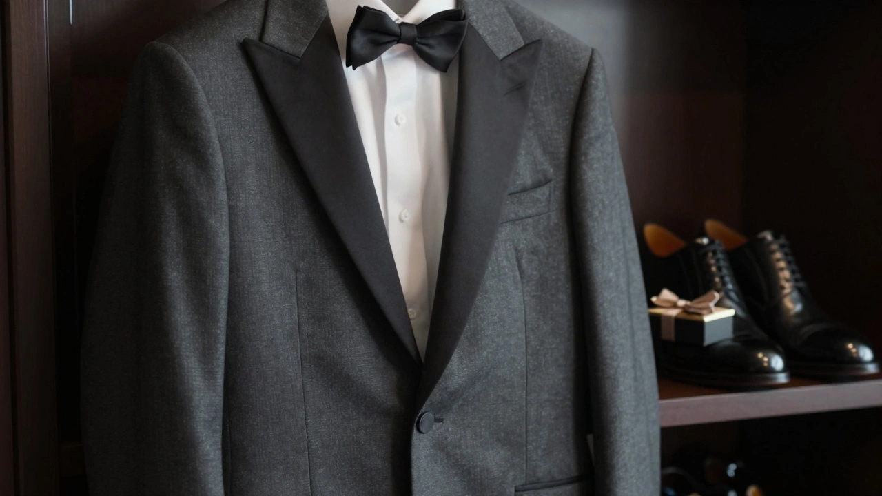 Groom's tuxedo and gift box representing attire expenses