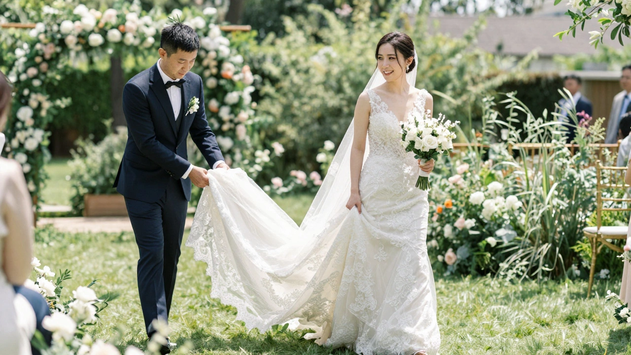 Groom helping bride manage her lace dress train while walking outdoors