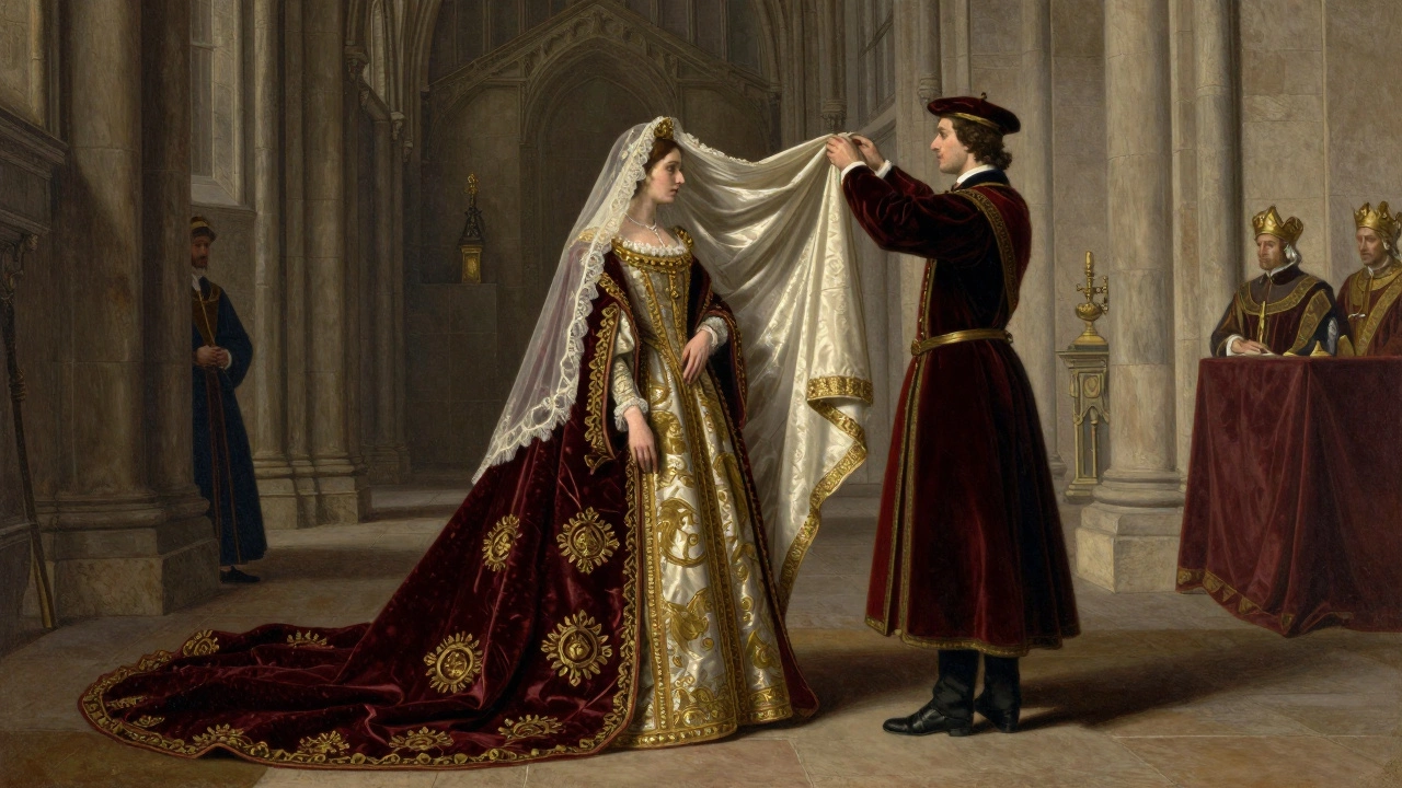 Historical painting of groom lifting heavy bridal veil and train in cathedral