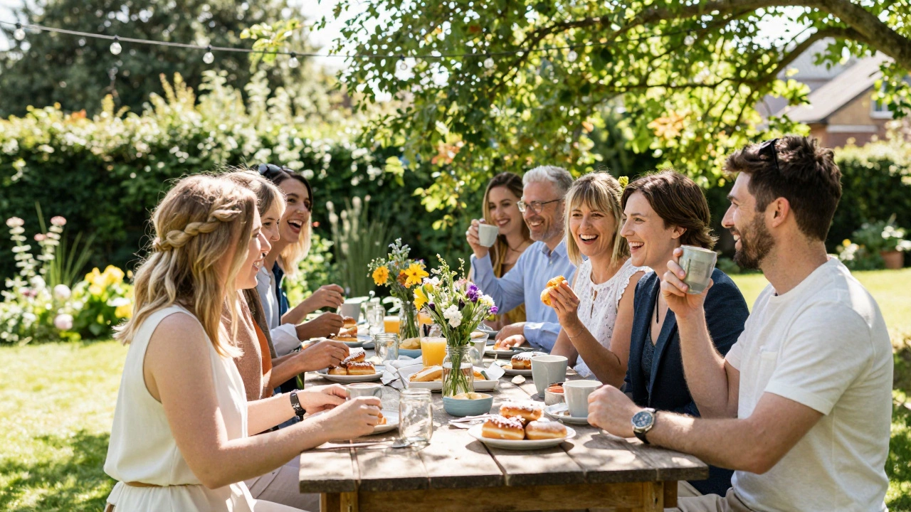 Intimate outdoor wedding brunch with friends in a sunny garden