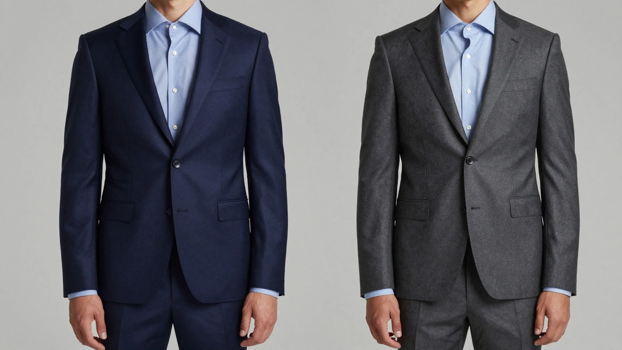 Navy and charcoal grey suits displayed to show slimming effects