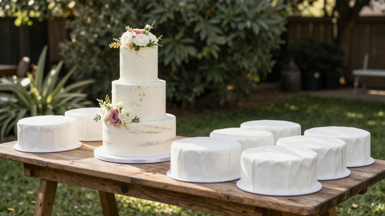 Ornate display cake next to plain sheet cakes for efficient guest feeding.