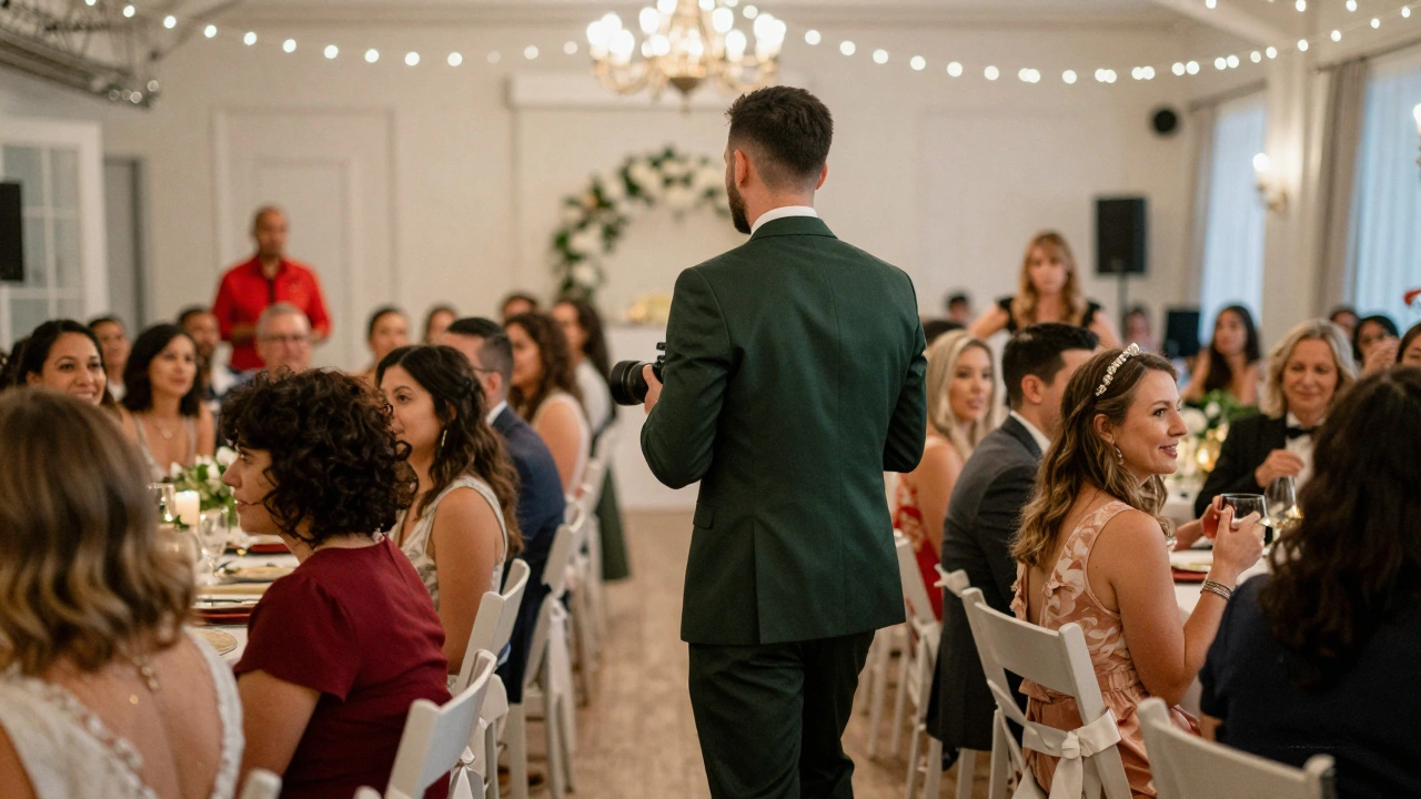 Photographer in green suit vs distracting red shirt at reception