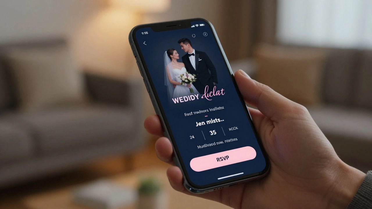 Smartphone displaying a digital wedding invitation with RSVP option.