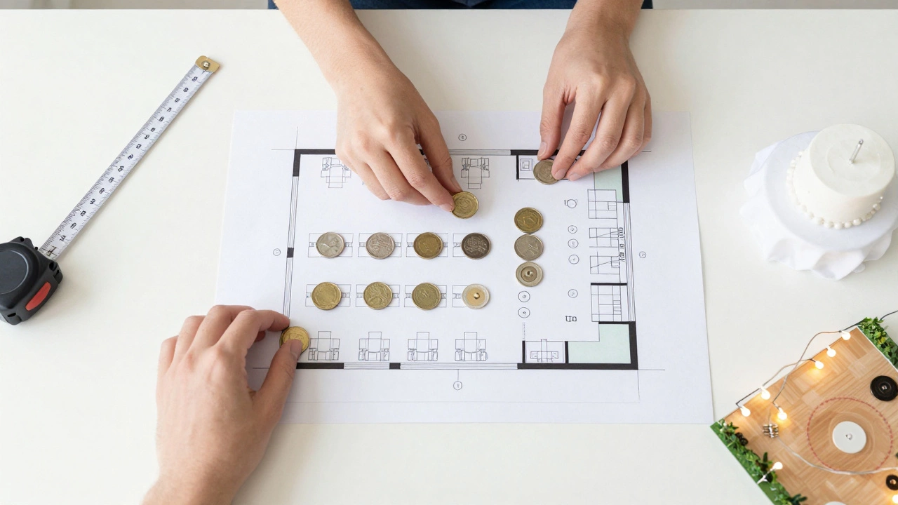Top-down view of hands arranging a coin-based floor plan model on a table.
