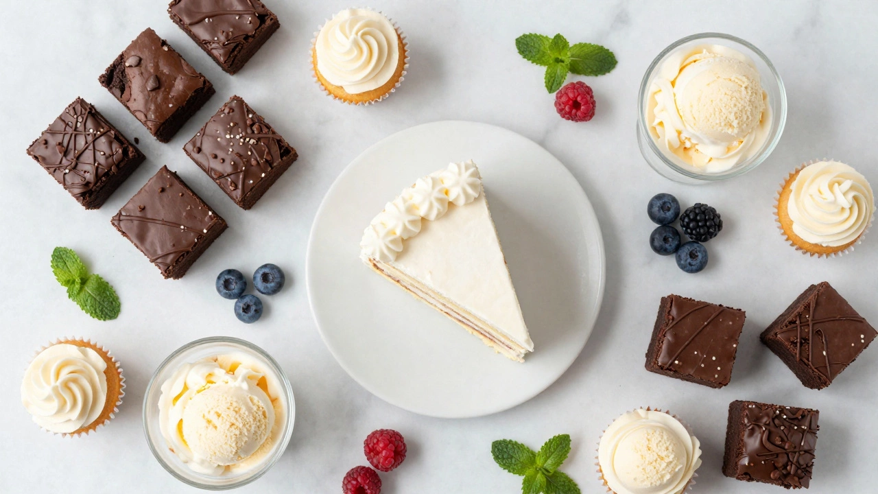 Variety of desserts including cake, brownies, and cupcakes on a marble table.