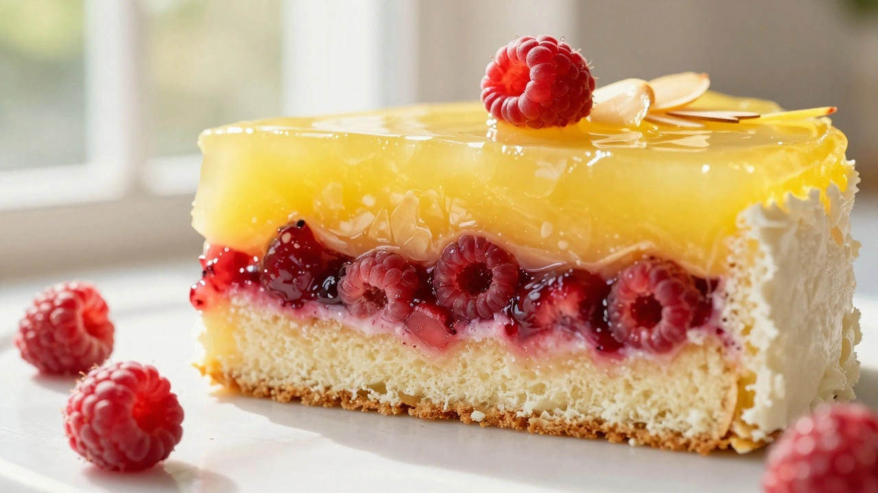 Wedding cake slice with bright lemon curd and raspberry filling