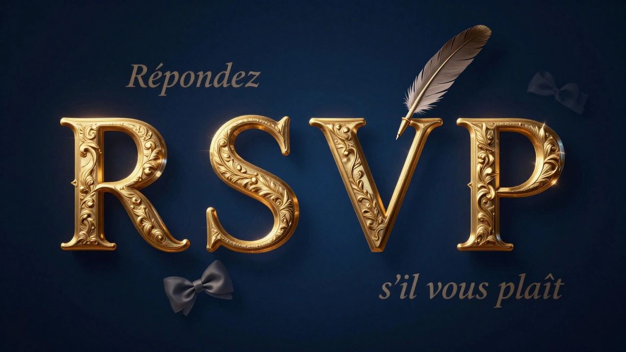 Artistic gold letters R S V P floating with French etymology symbols