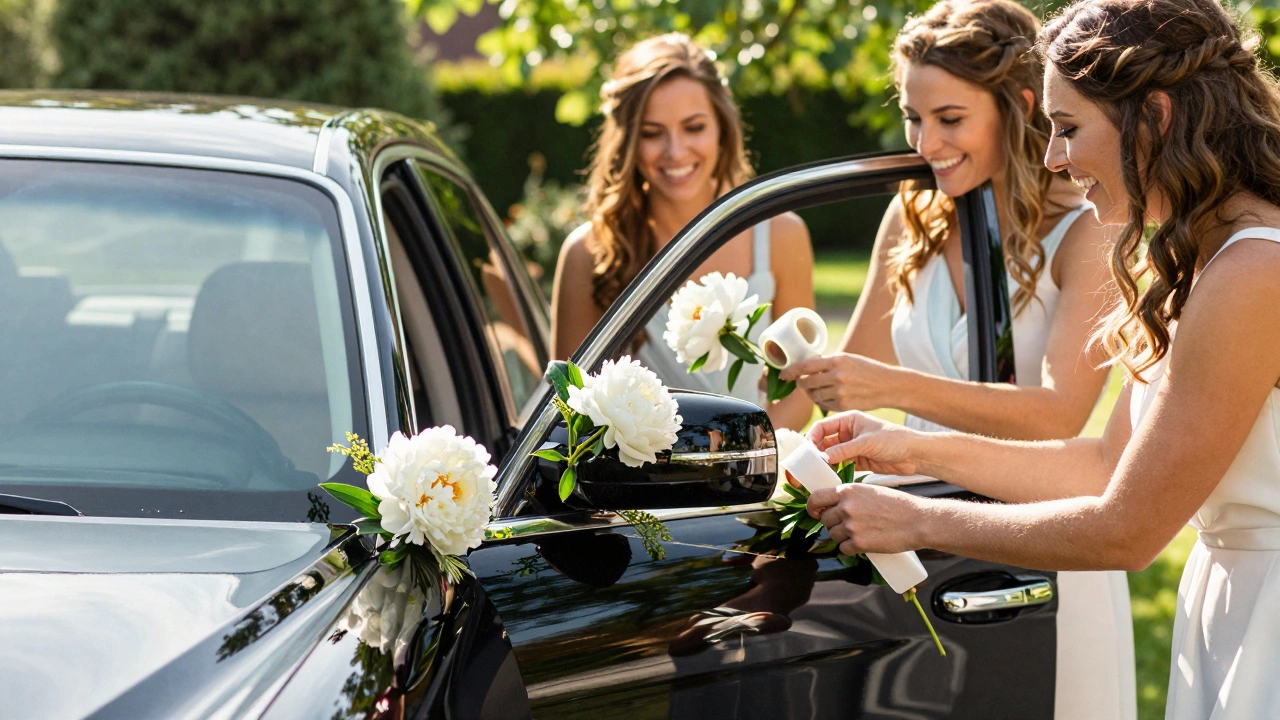 Bridesmaids laughing while attaching fresh white flowers to a black wedding car in a garden.