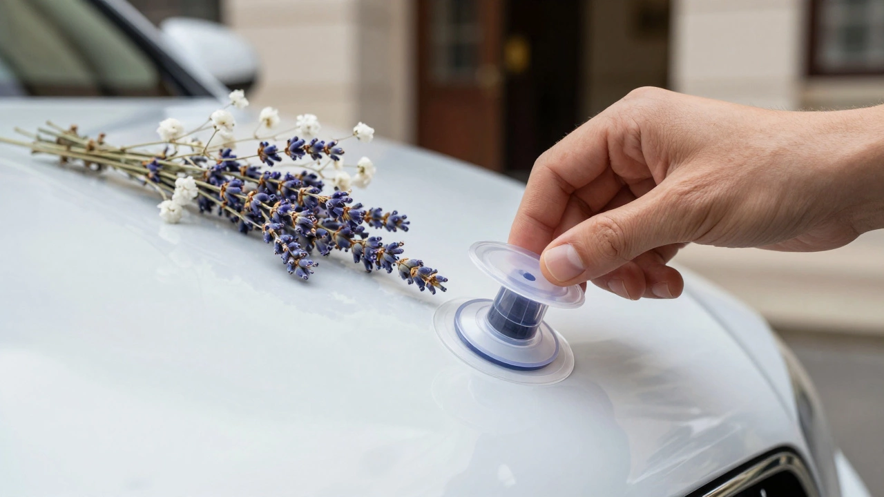 Close-up of a hand securing a floral arrangement to a car hood using a safe suction cup mount.
