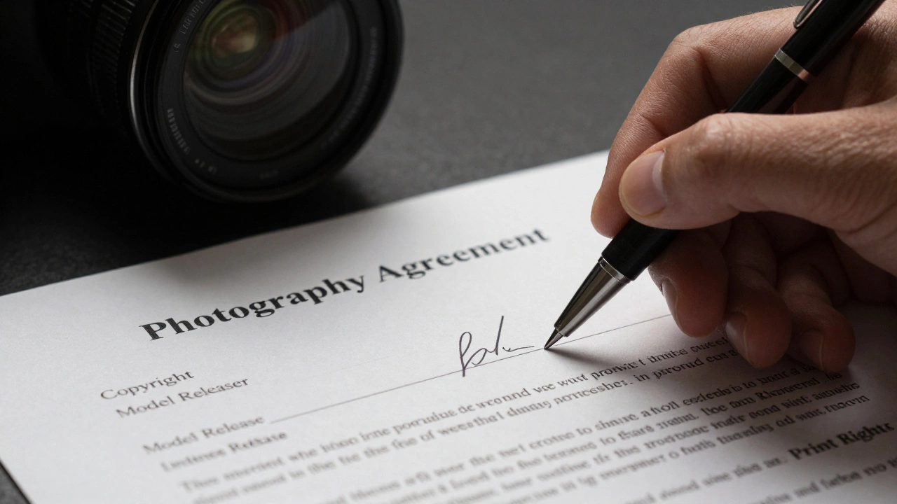 Close-up of pen signing wedding photography contract highlighting key legal clauses