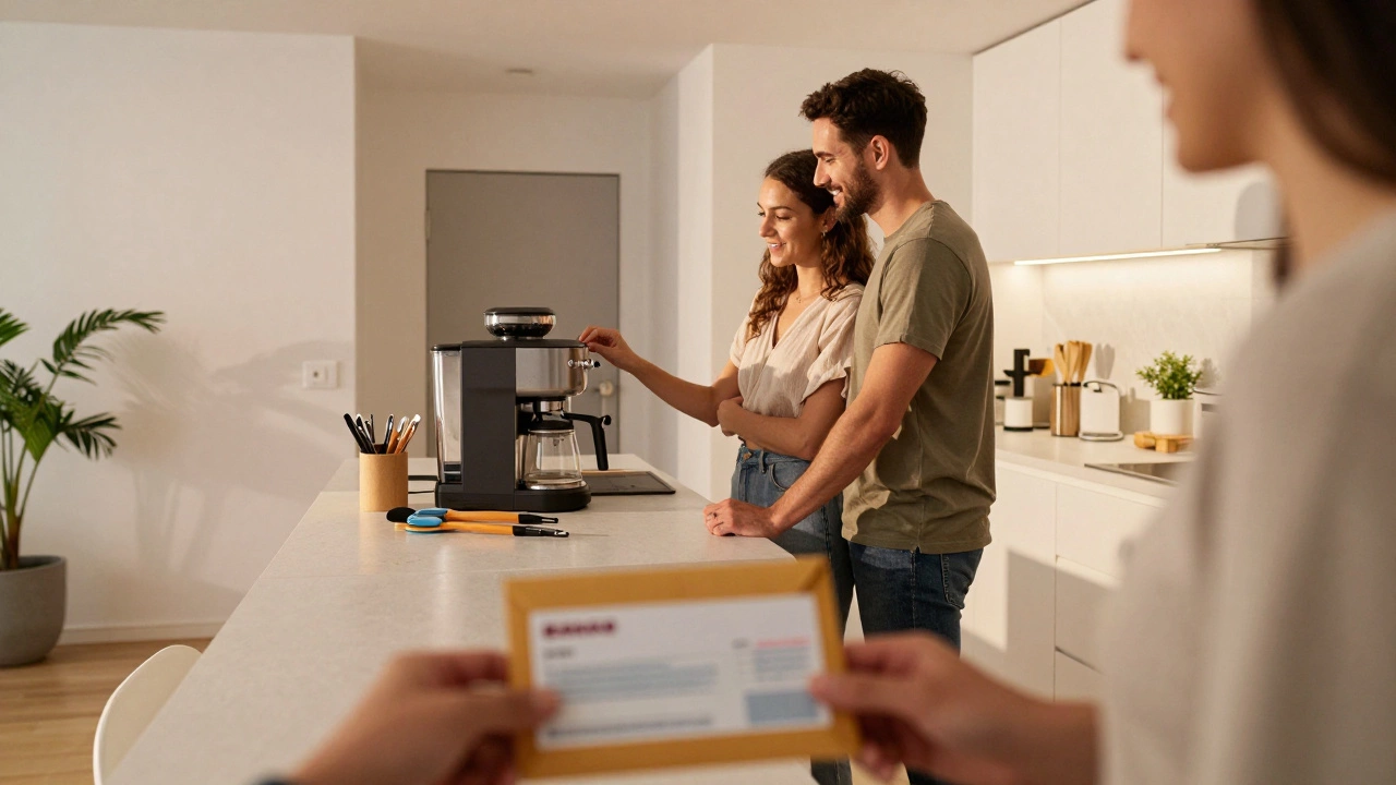 Couple admiring practical home gifts in a cozy modern kitchen