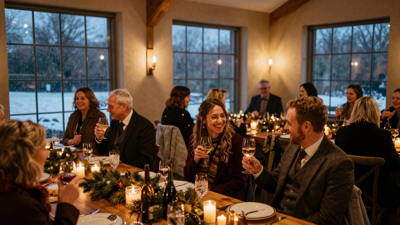 Cozy indoor winter wedding reception with warm lighting and rustic decor