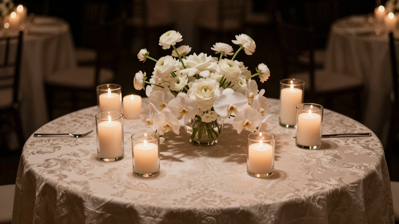 Elegant wedding table with monochromatic flowers and candlelight.