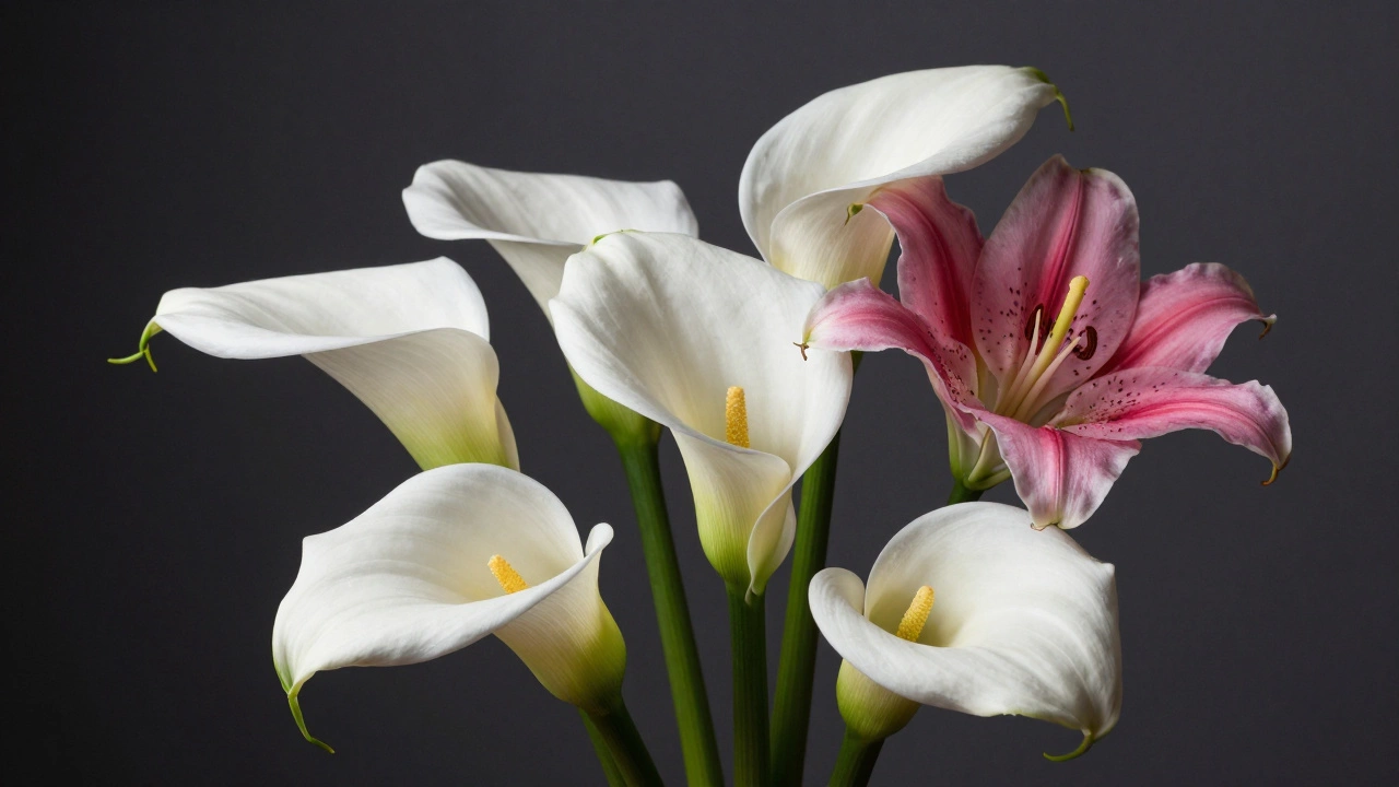 Elegant white Calla Lilies and pink Stargazer Lilies arrangement