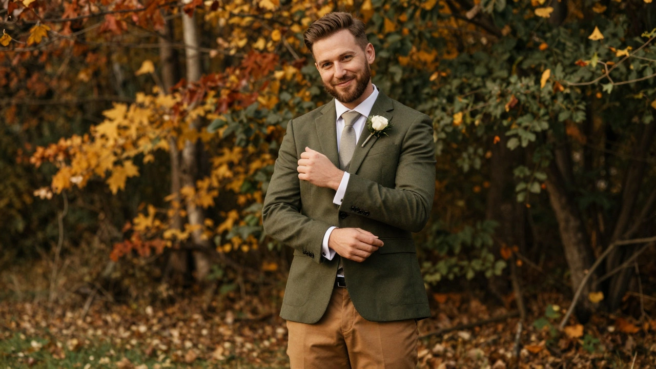 Groom in an olive green blazer at an autumn woodland wedding