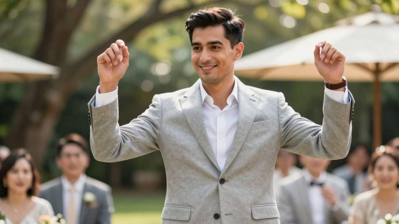 Groom in light grey summer suit smiling at outdoor wedding