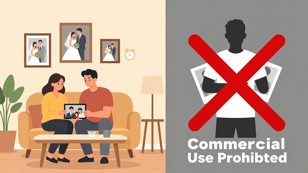 Illustration comparing personal photo display with restricted commercial sales