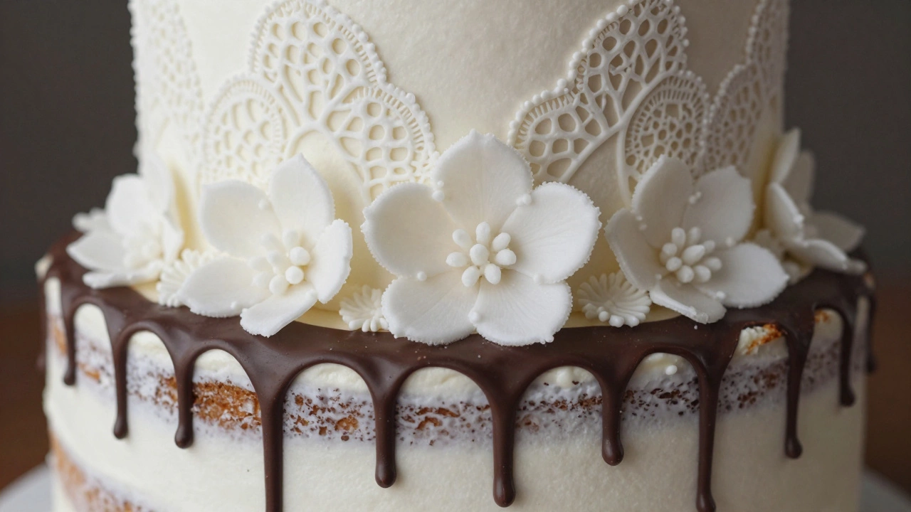 Intricate royal icing decorations on a rustic naked cake