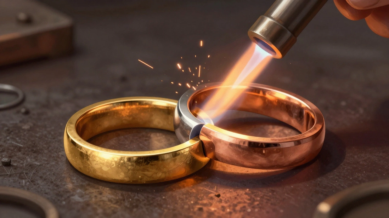 Jeweler welding three separate gold bands into a single secure ring.