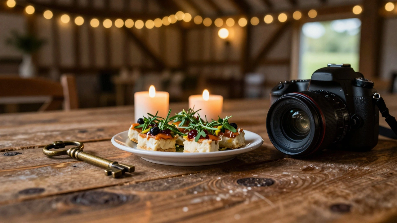 Key, plated food, and camera lens on a rustic table symbolizing major wedding costs