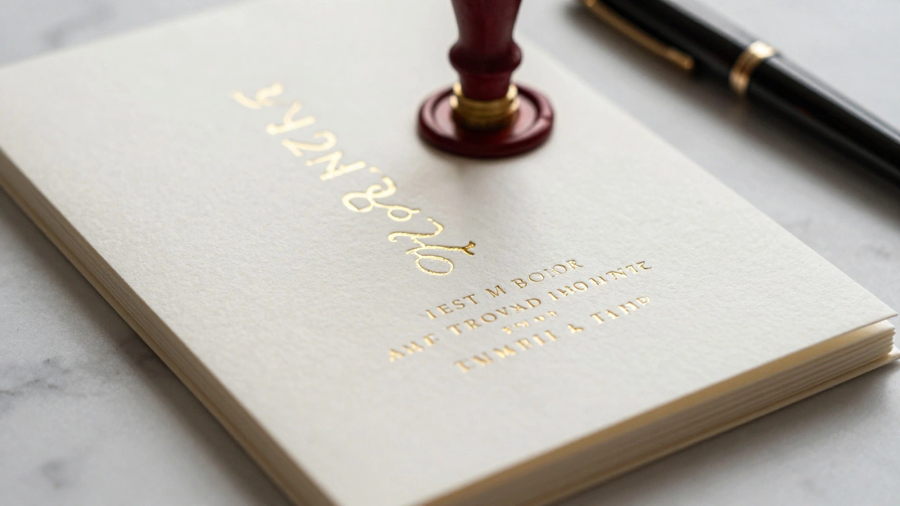 Luxury wedding invitations with gold foil stamping on textured paper.