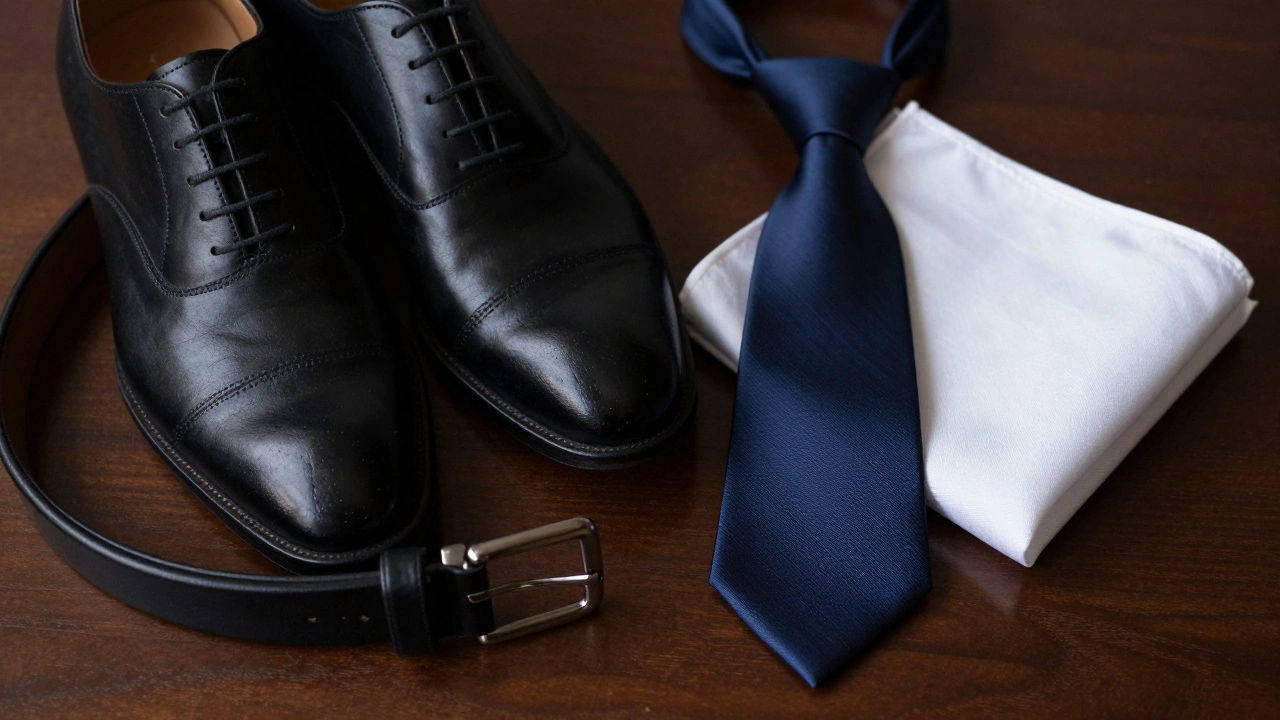 Matching black leather shoes, belt, and neat pocket square