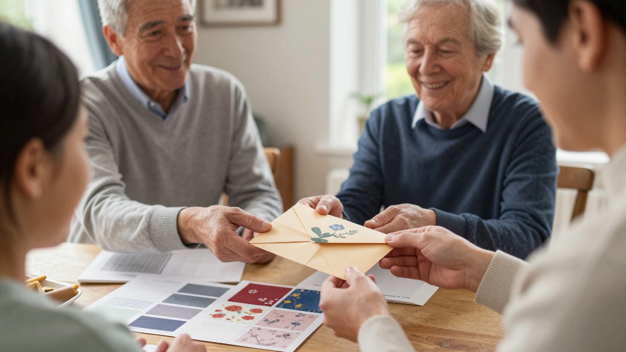 Parents gifting wedding funds to a couple at dinner