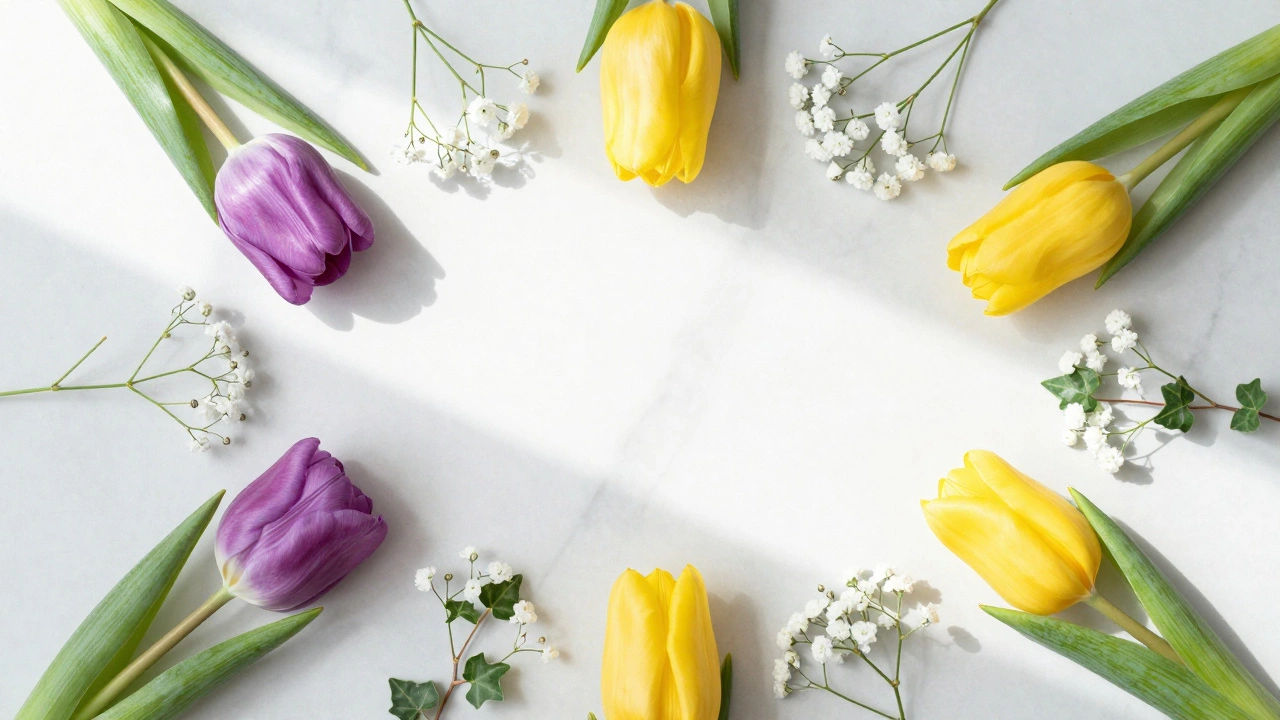 Purple and yellow tulips with baby's breath on a marble surface