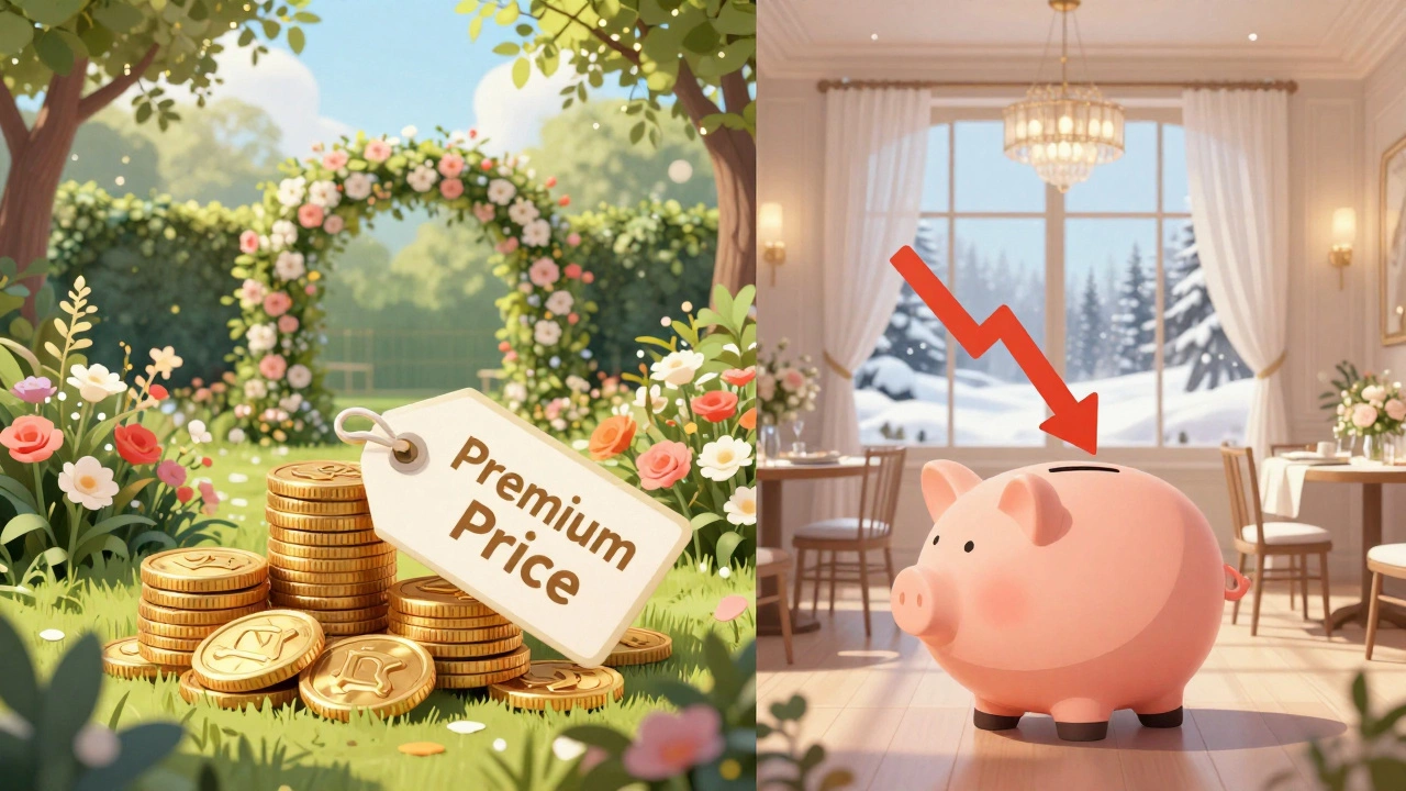 Split image comparing expensive summer weddings with affordable winter options
